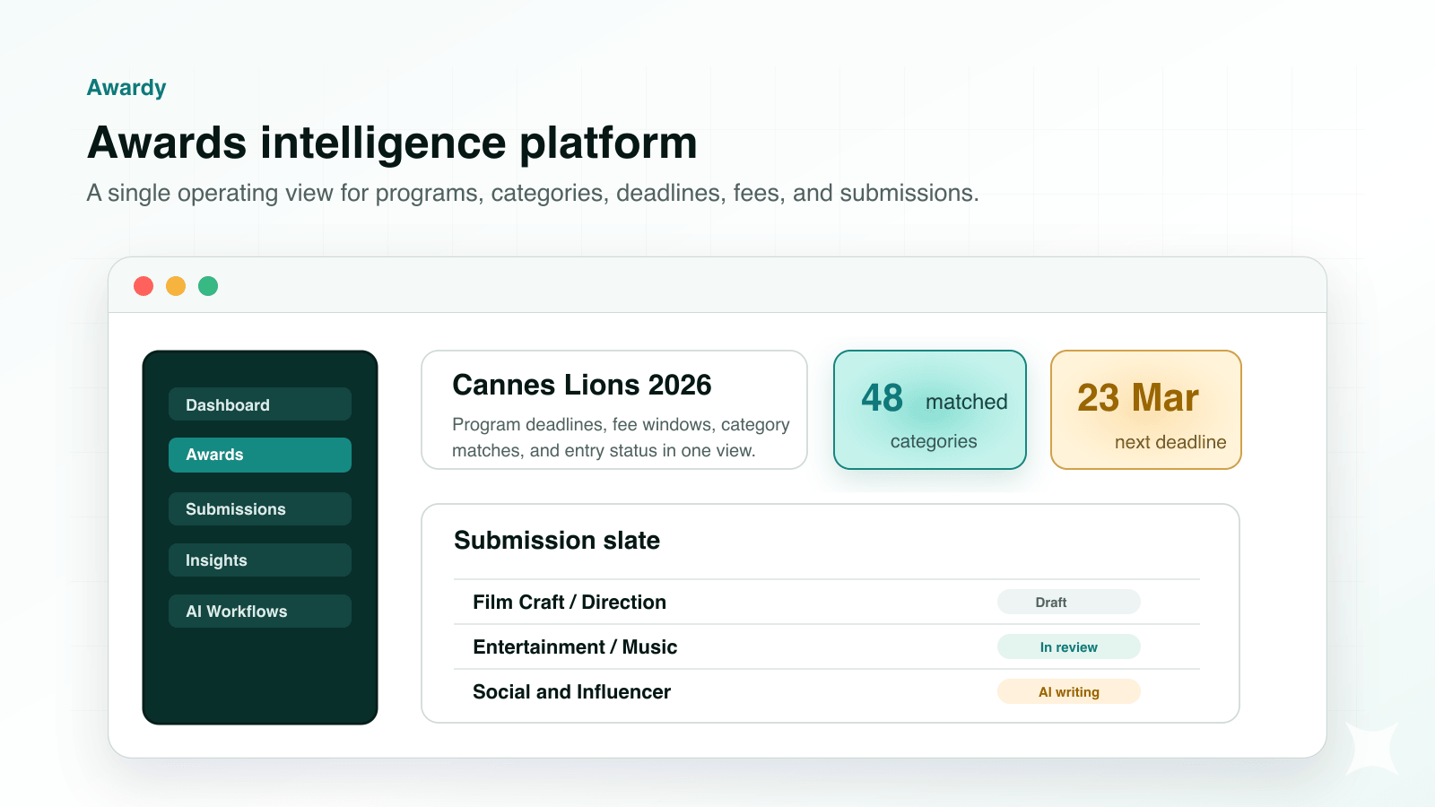 Awardy awards intelligence dashboard showing program data, category matches, deadlines, fees, and submission status.